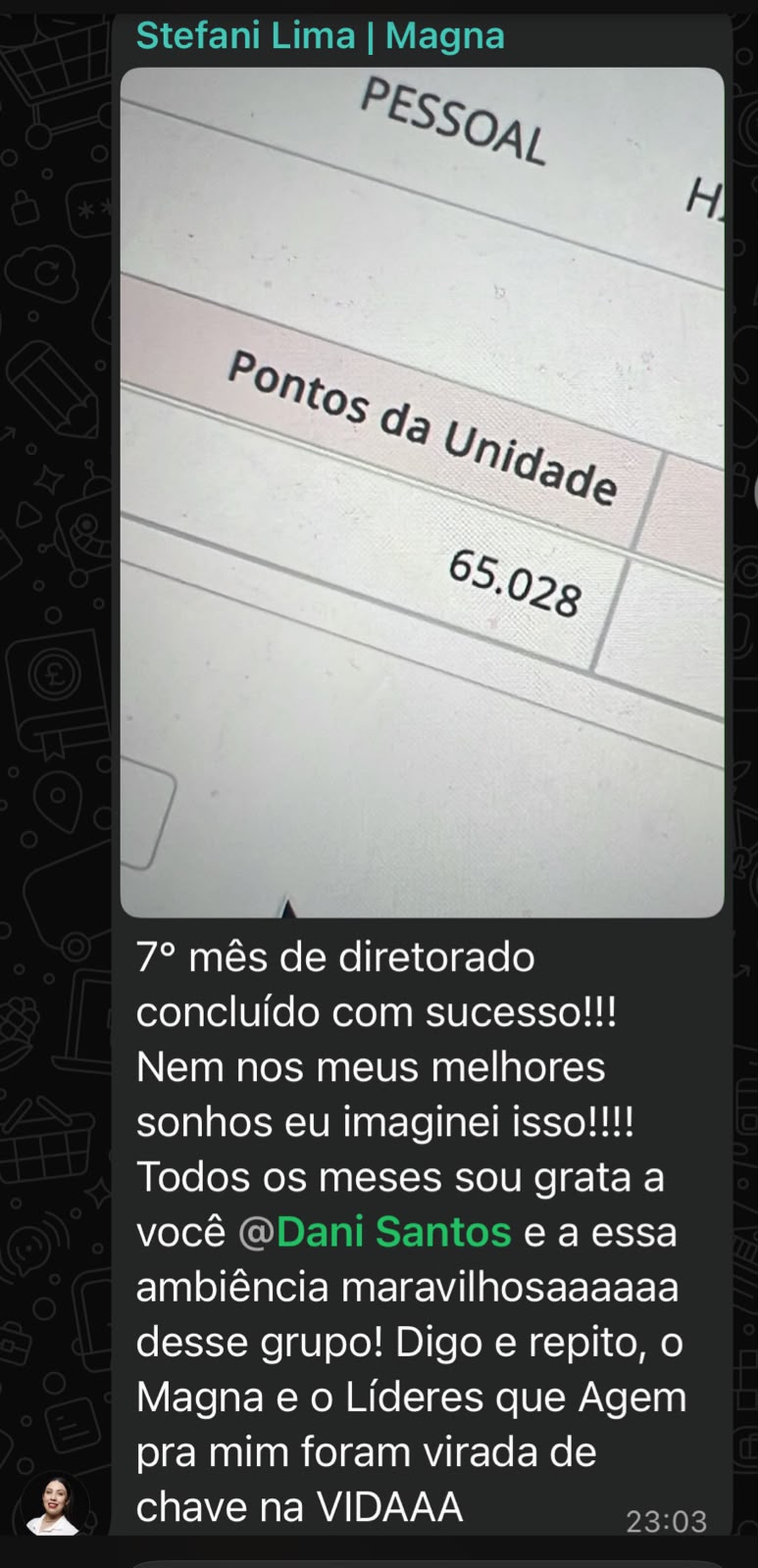 Depoimento de Stefani Lima sobre 65.028 pontos e o sétimo mês de diretorado